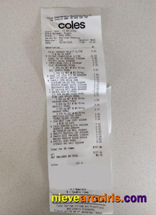 Coles supermarket payment receipt